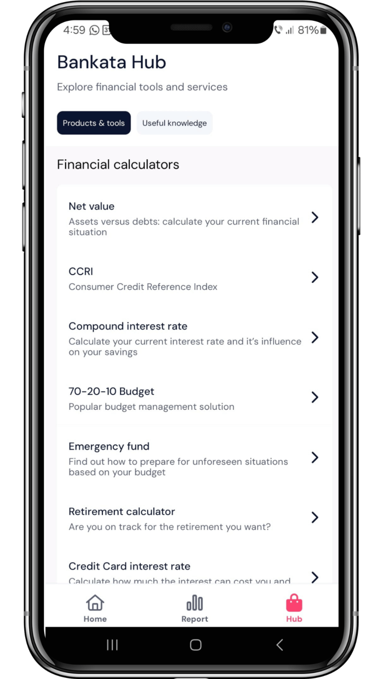Bankata app hub screen